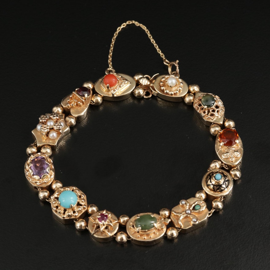 Vintage Style 14K Bracelet Including Ruby, Coral, Cultured Peal and Nephrite