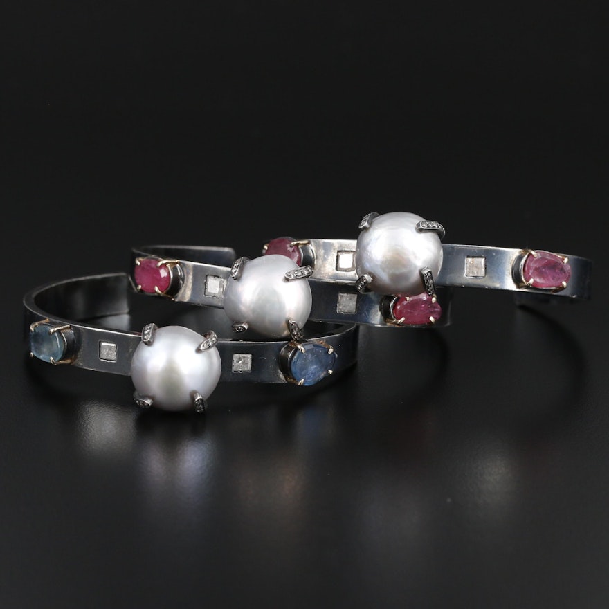 Sterling Silver Cultured Pearl, Diamond, Ruby and Sapphire Cuff Bracelets