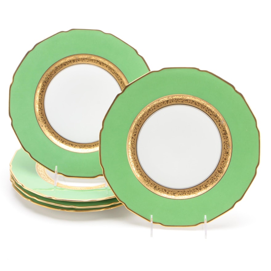 Tressemanes & Vogt Porcelain Dinner Plates with Green Band and Gilt Trim