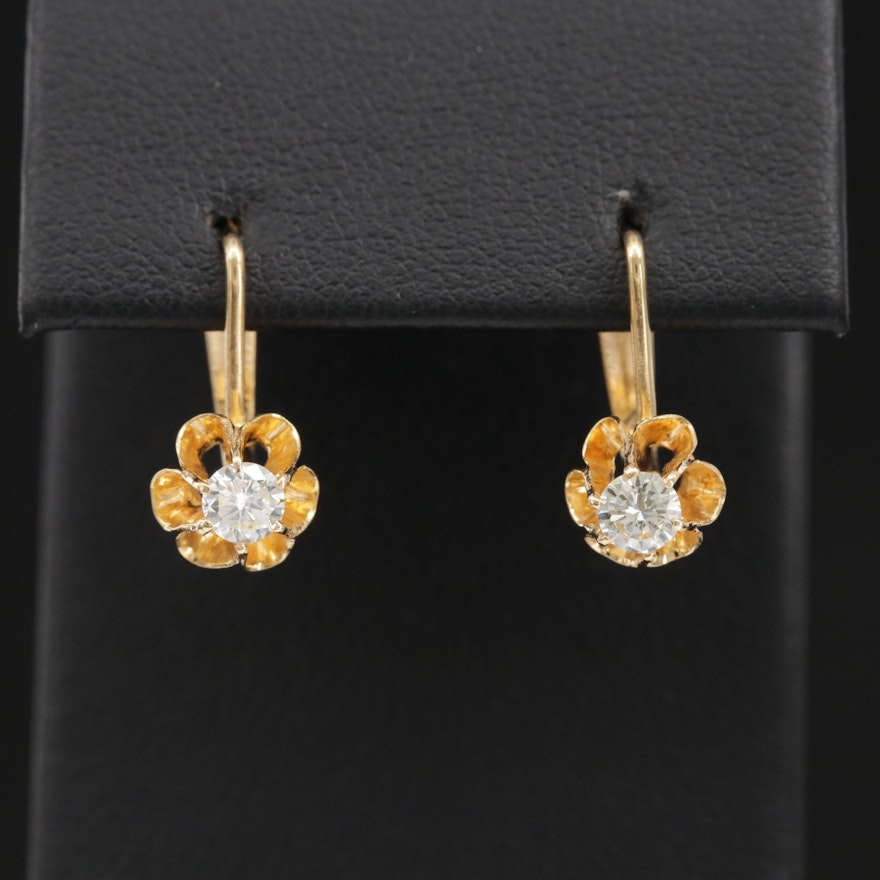 Vintage Russian 14K Diamond Buttercup Drop Earrings