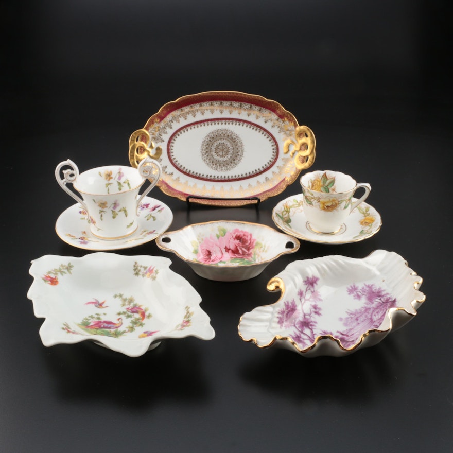 French Porcelain and English Bone China Serveware and Teacups and Saucers