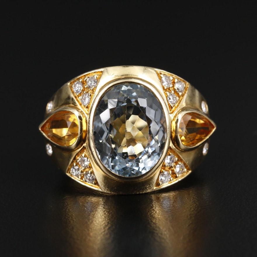 18K Gold Topaz, Citrine and Diamond Ring