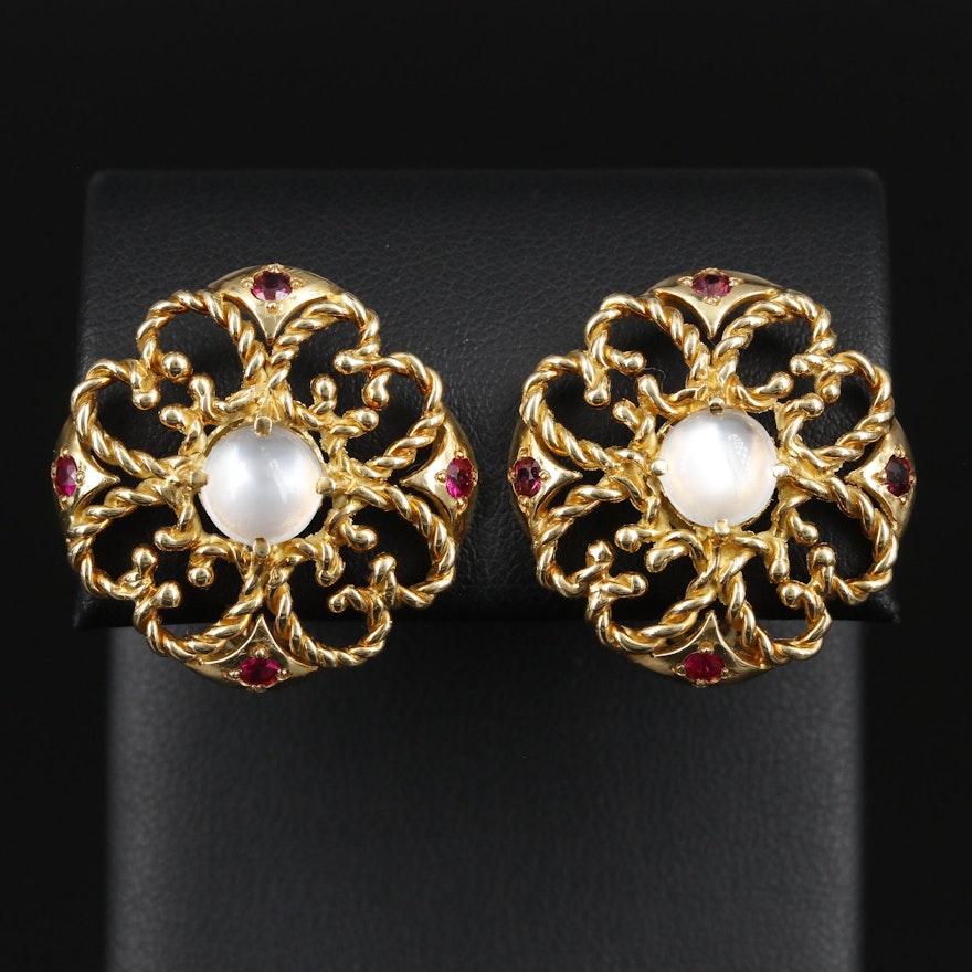 18K Gold Moonstone and Ruby Openwork Button Earrings