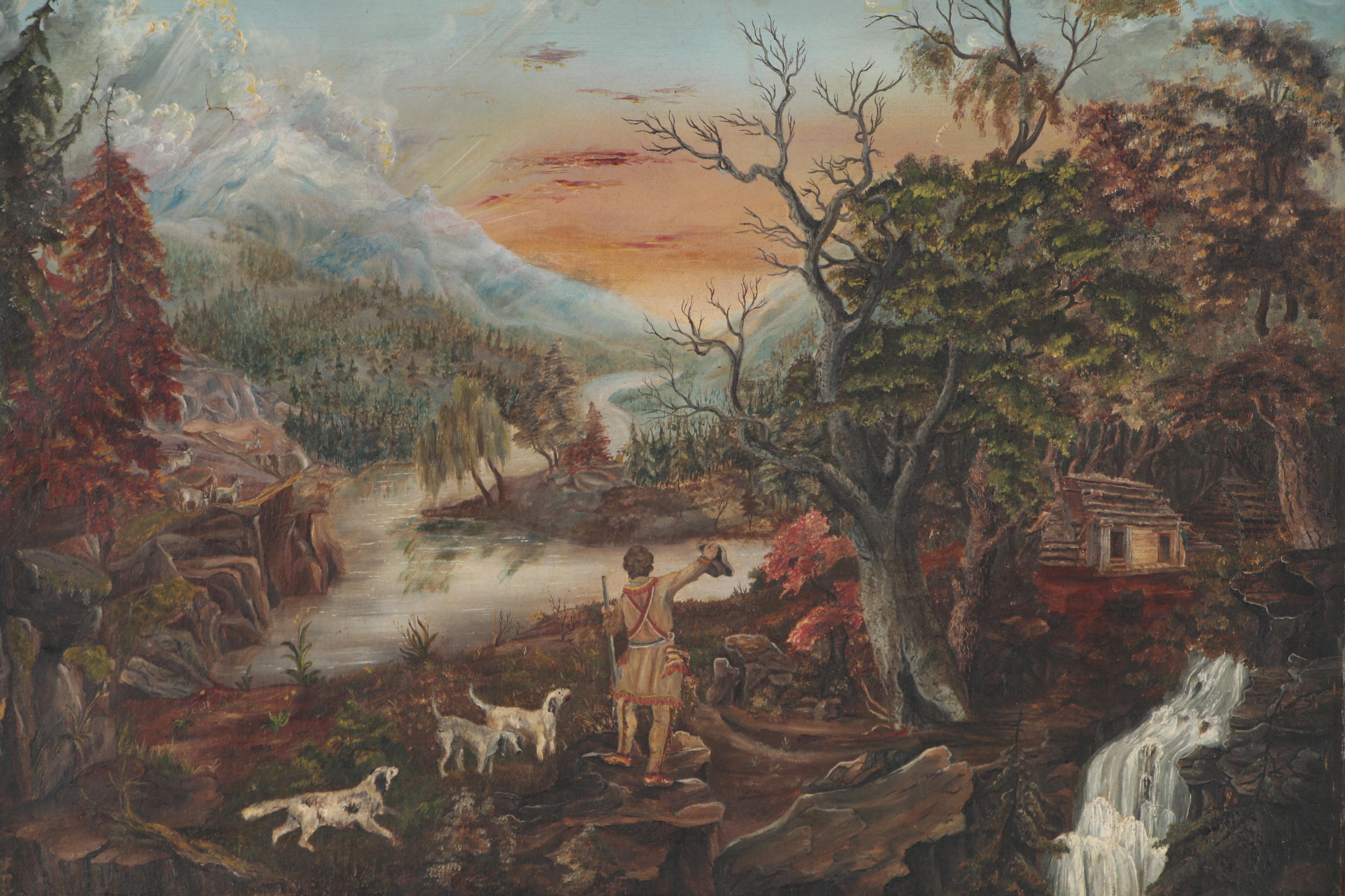 Oil Painting of an American Frontier Scene, Mid 19th Century