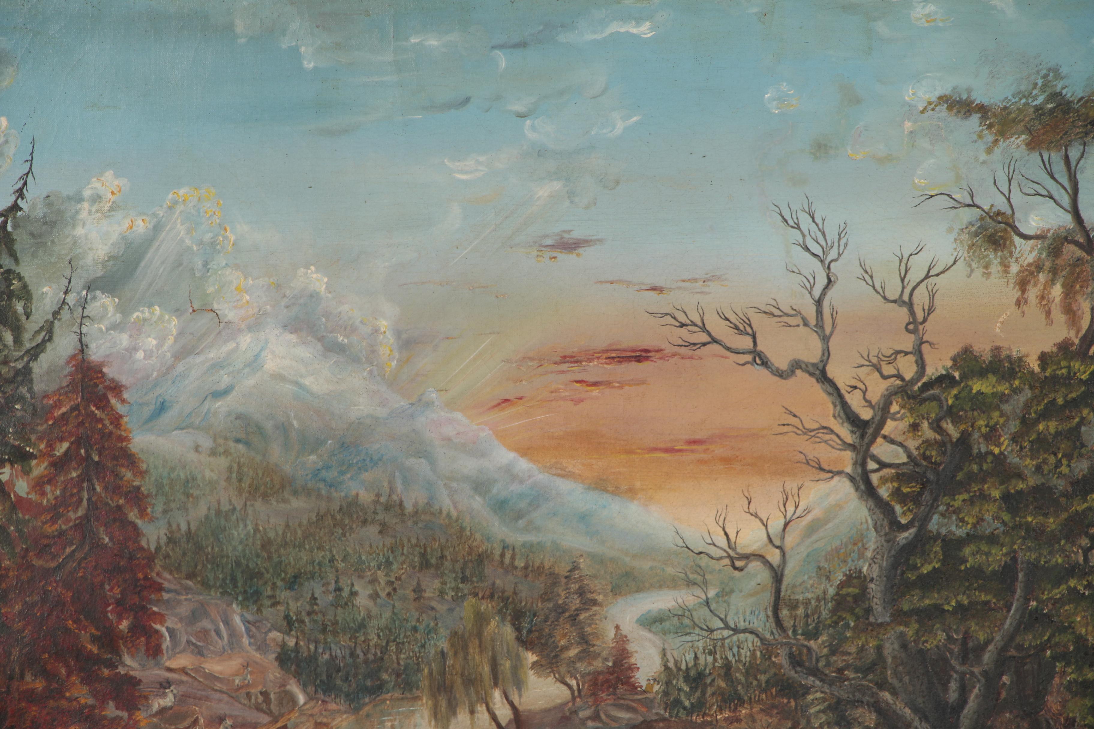 Oil Painting of an American Frontier Scene, Mid 19th Century