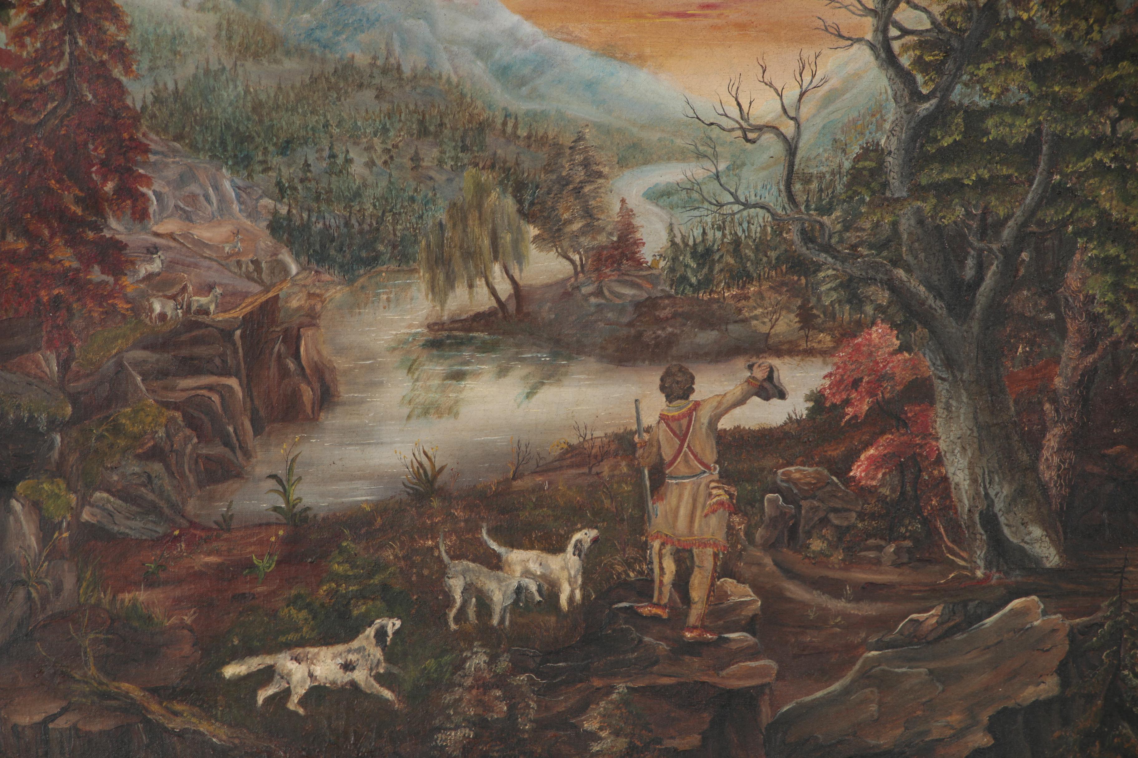 Oil Painting of an American Frontier Scene, Mid 19th Century