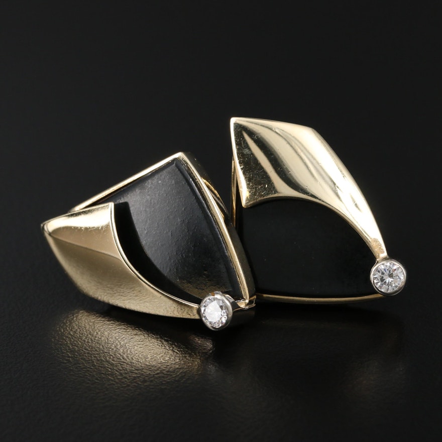 14K Yellow Gold Black Onyx and Diamond Earrings