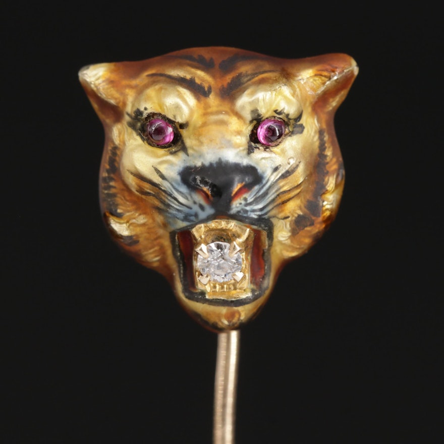 1930s Wordley, Allsopp & Bliss 14K Diamond and Enamel Tiger's Head Stick Pin