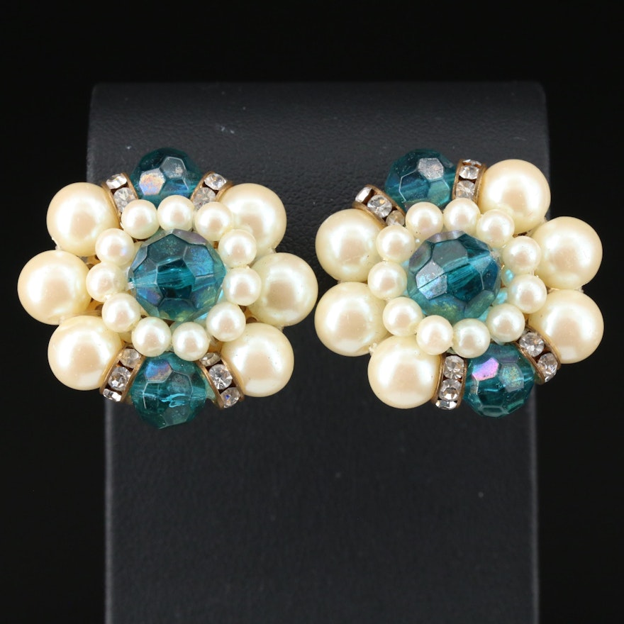 Vintage Glass, Imitation Pearl and Rhinestone Clip-On Earrings