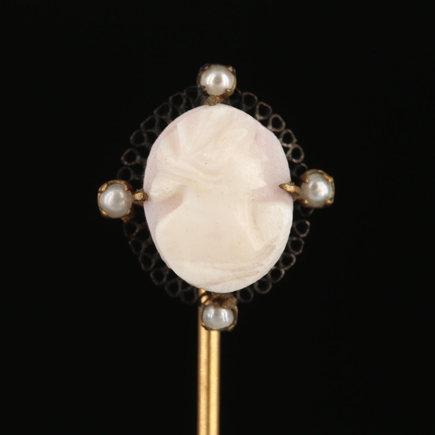 Carved Conch Shell and Imitation Pearl Stick Pin