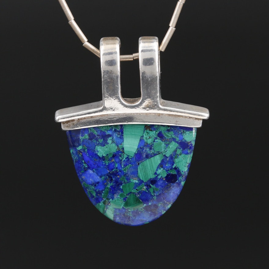 Sterling Lapis Lazuli and Malachite Pendant on Liquid Silver Necklace