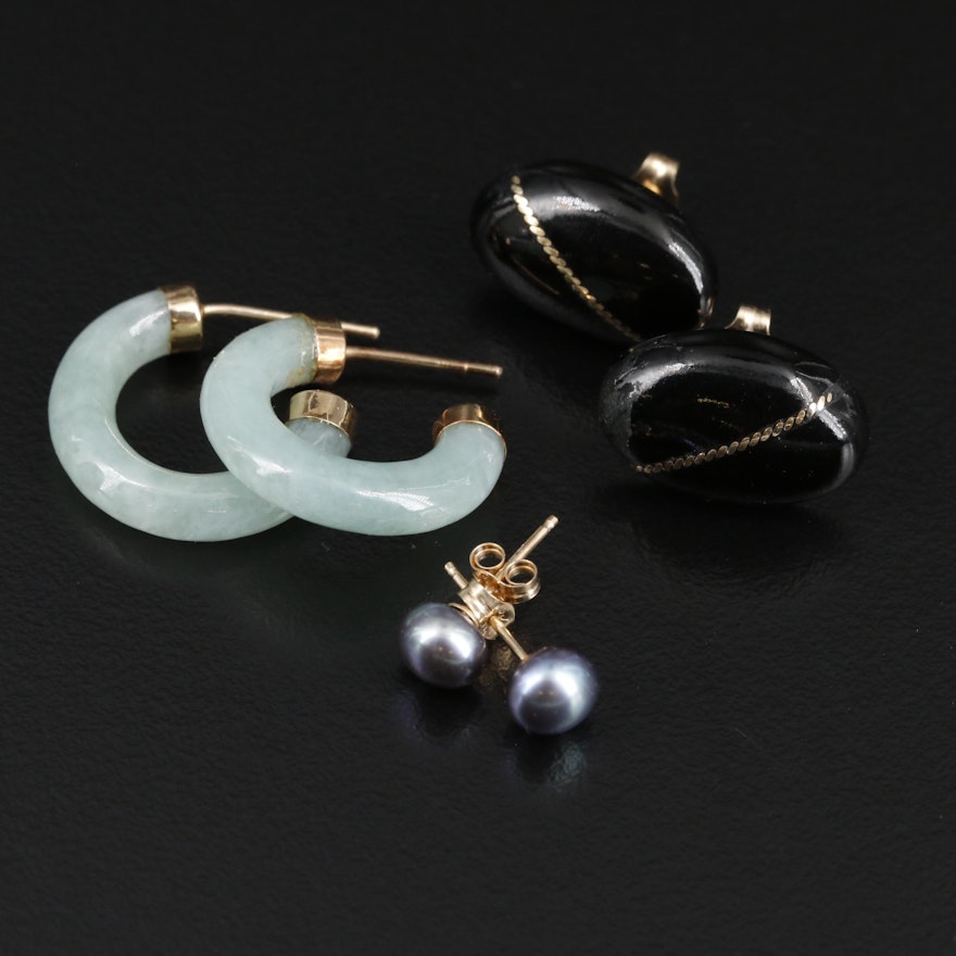 14K Yellow Gold Earring Selection Featuring Jadeite and Black Coral