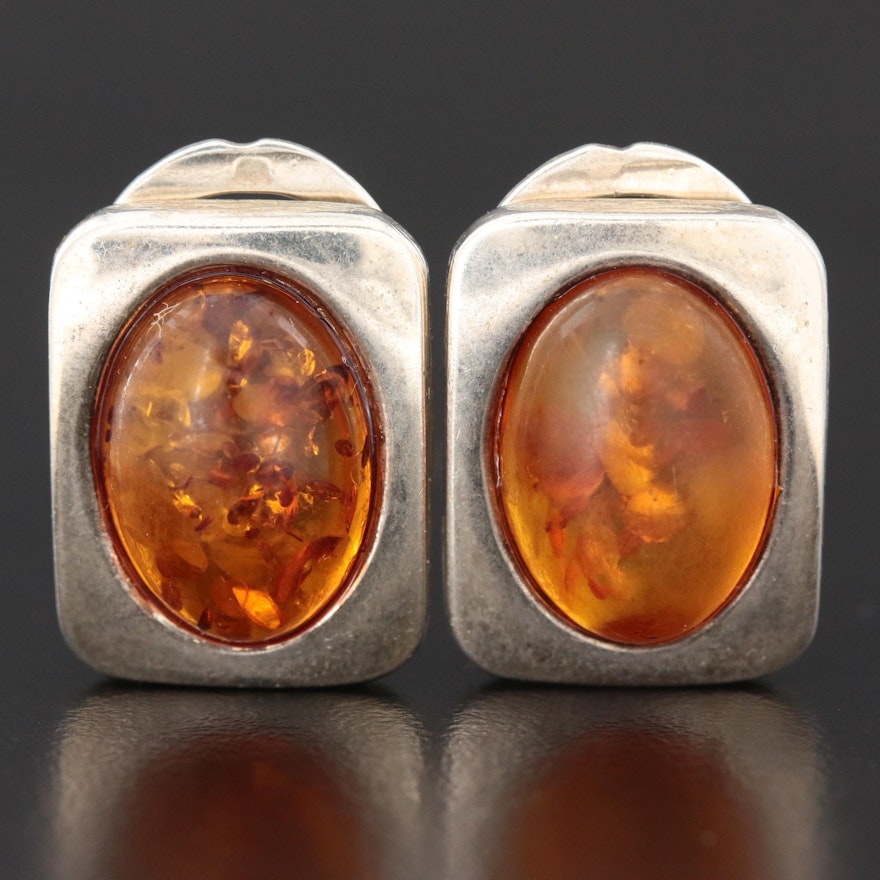 Sterling Silver Amber Clip-On Earrings