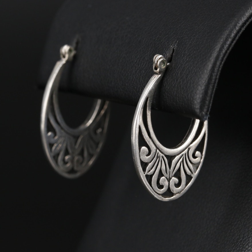 Sterling Silver Elongated Hoop Earrings With Scrolled Motif