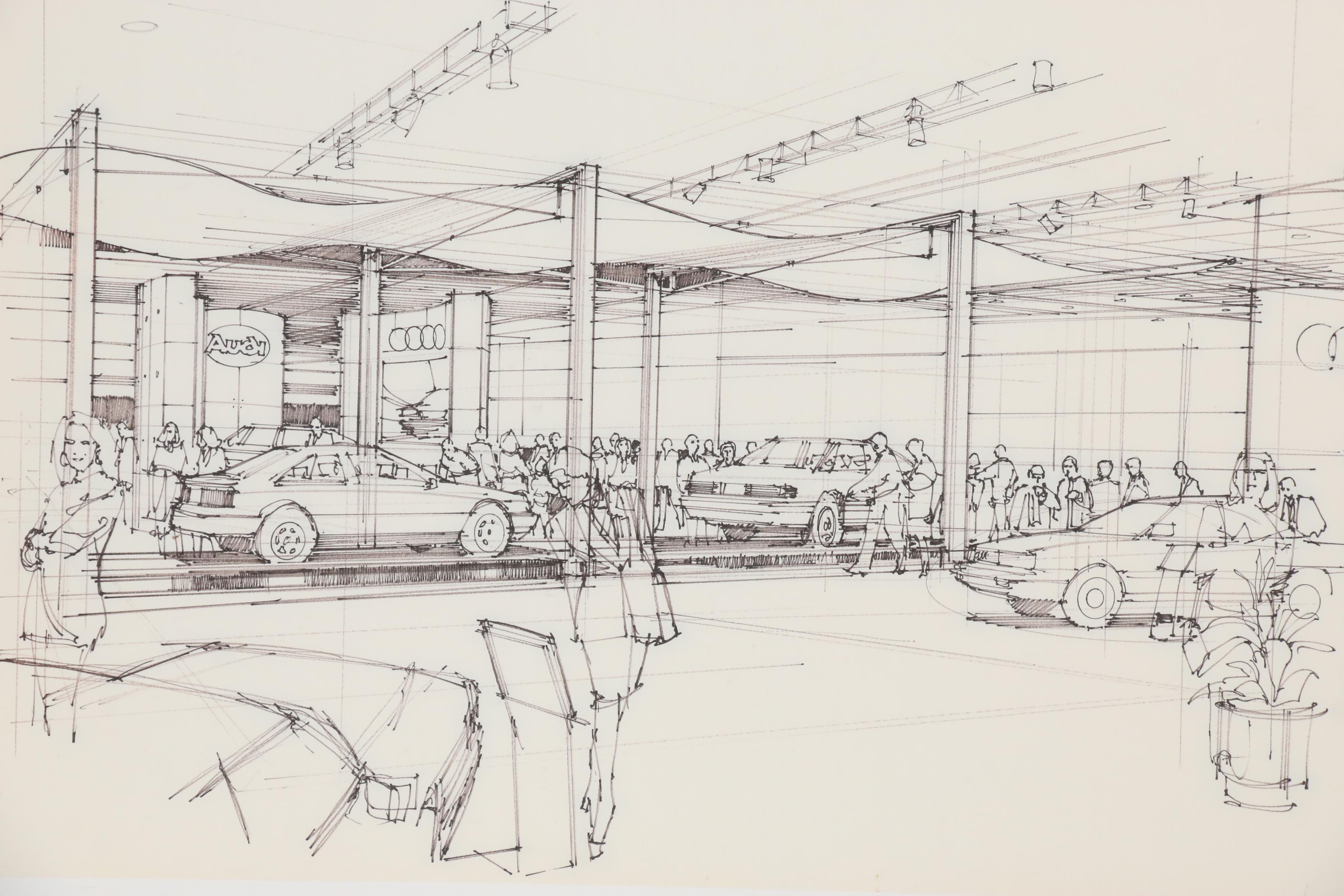 Edward Dumont Ink Drawing of Audi Dealership