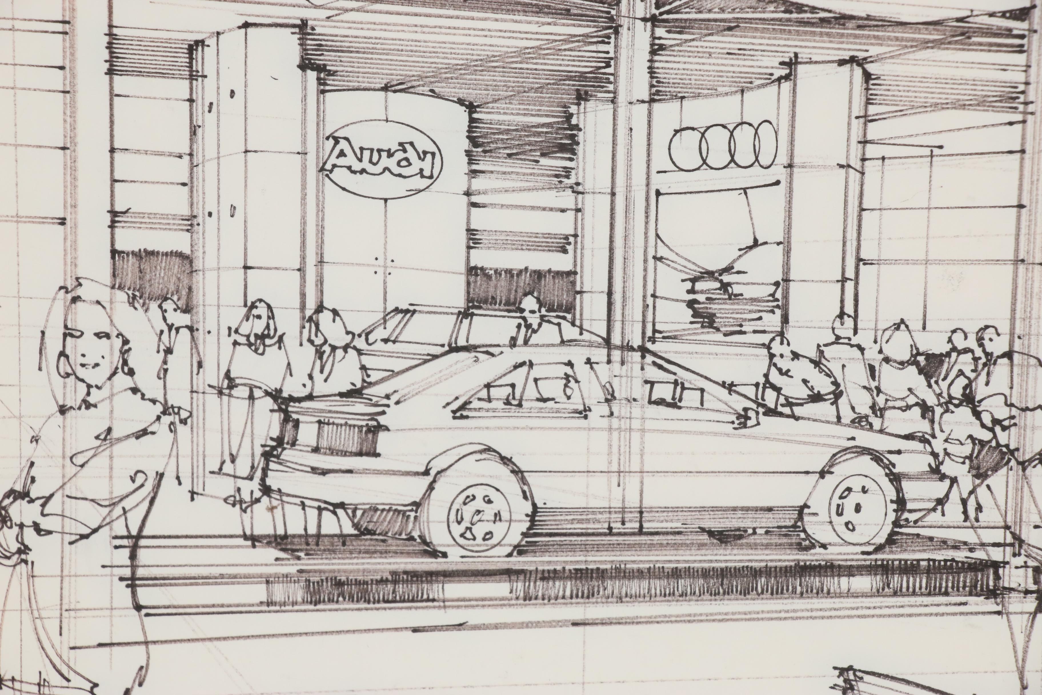 Edward Dumont Ink Drawing of Audi Dealership