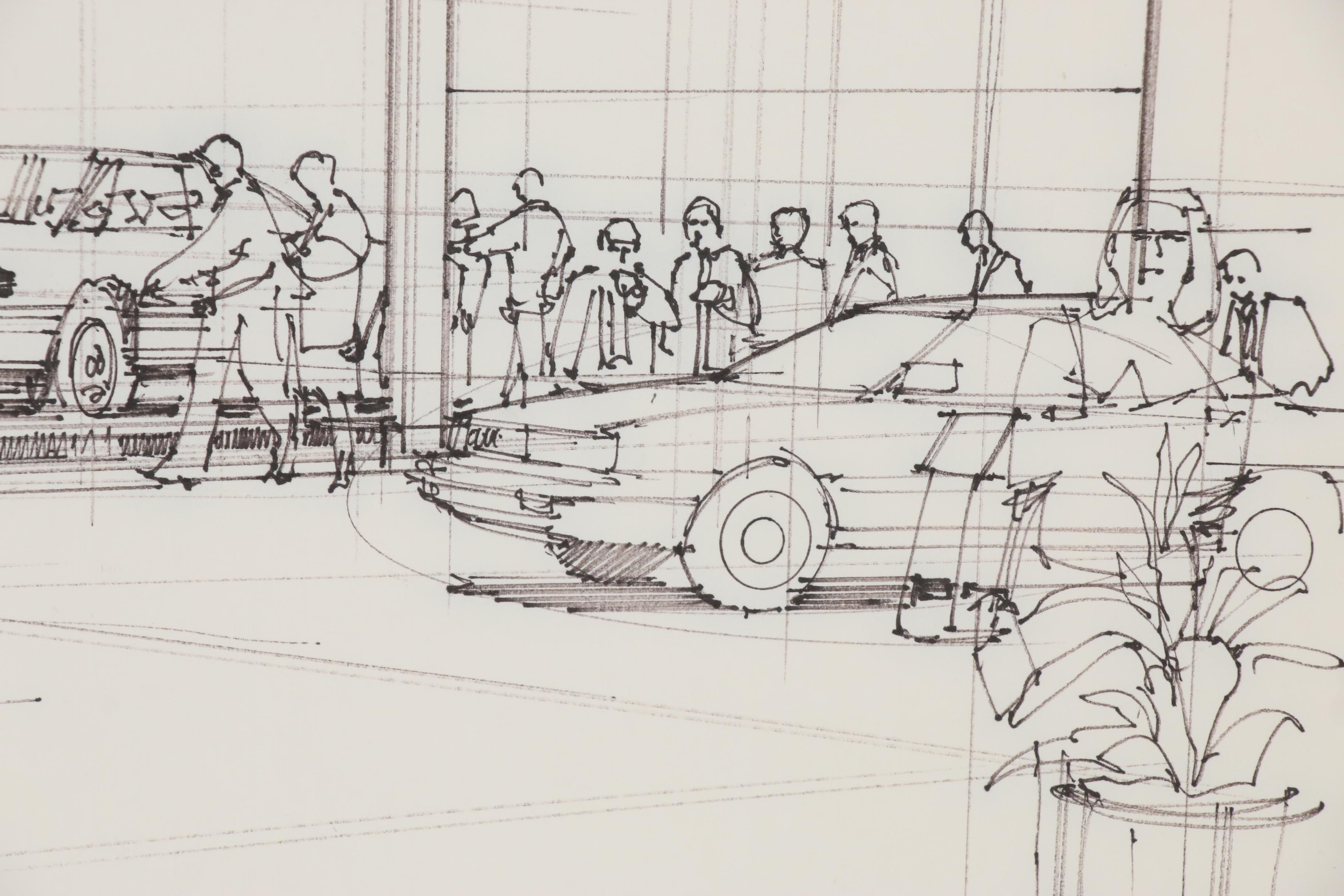 Edward Dumont Ink Drawing of Audi Dealership