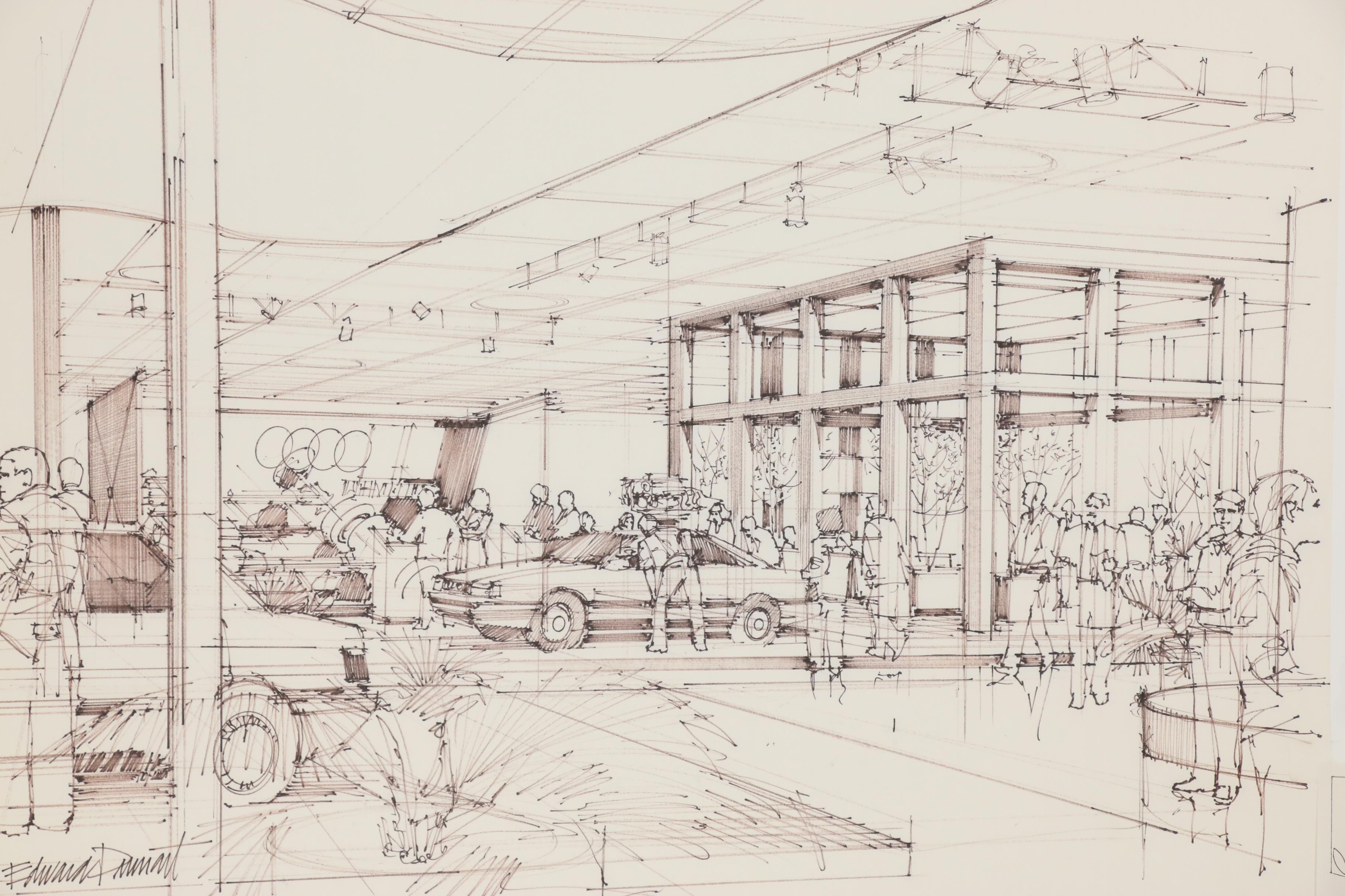 Edward Dumont Ink Drawing of an Audi Dealership