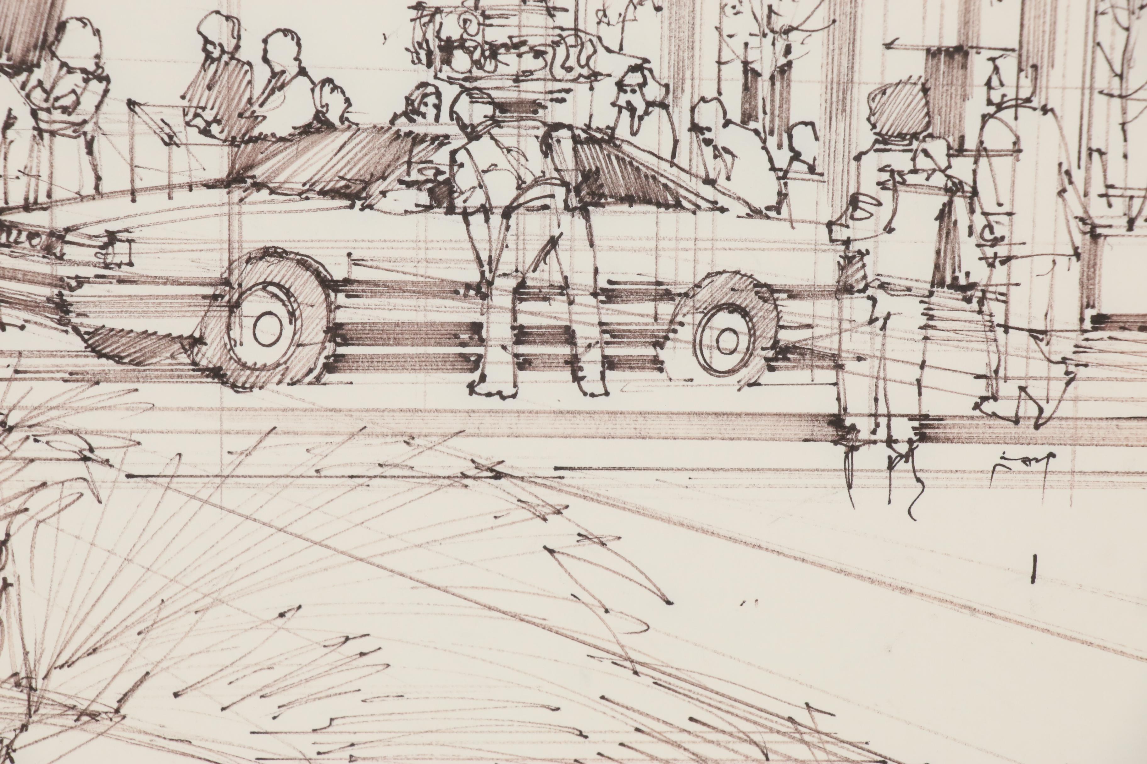 Edward Dumont Ink Drawing of an Audi Dealership