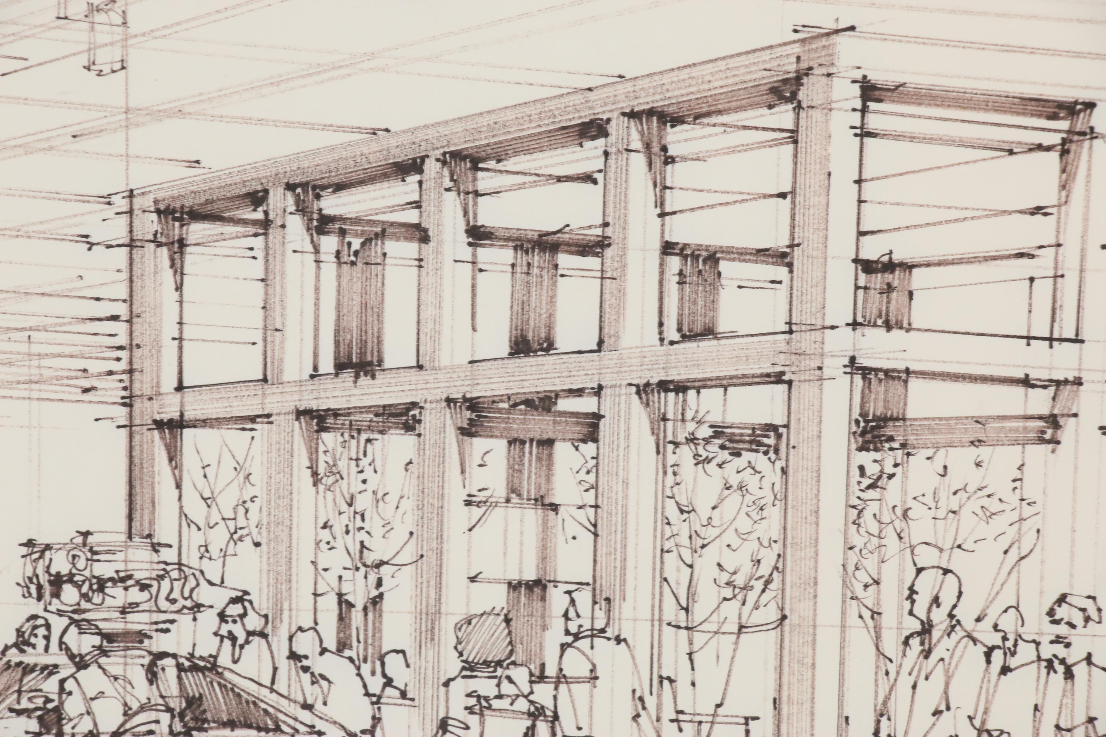 Edward Dumont Ink Drawing of an Audi Dealership