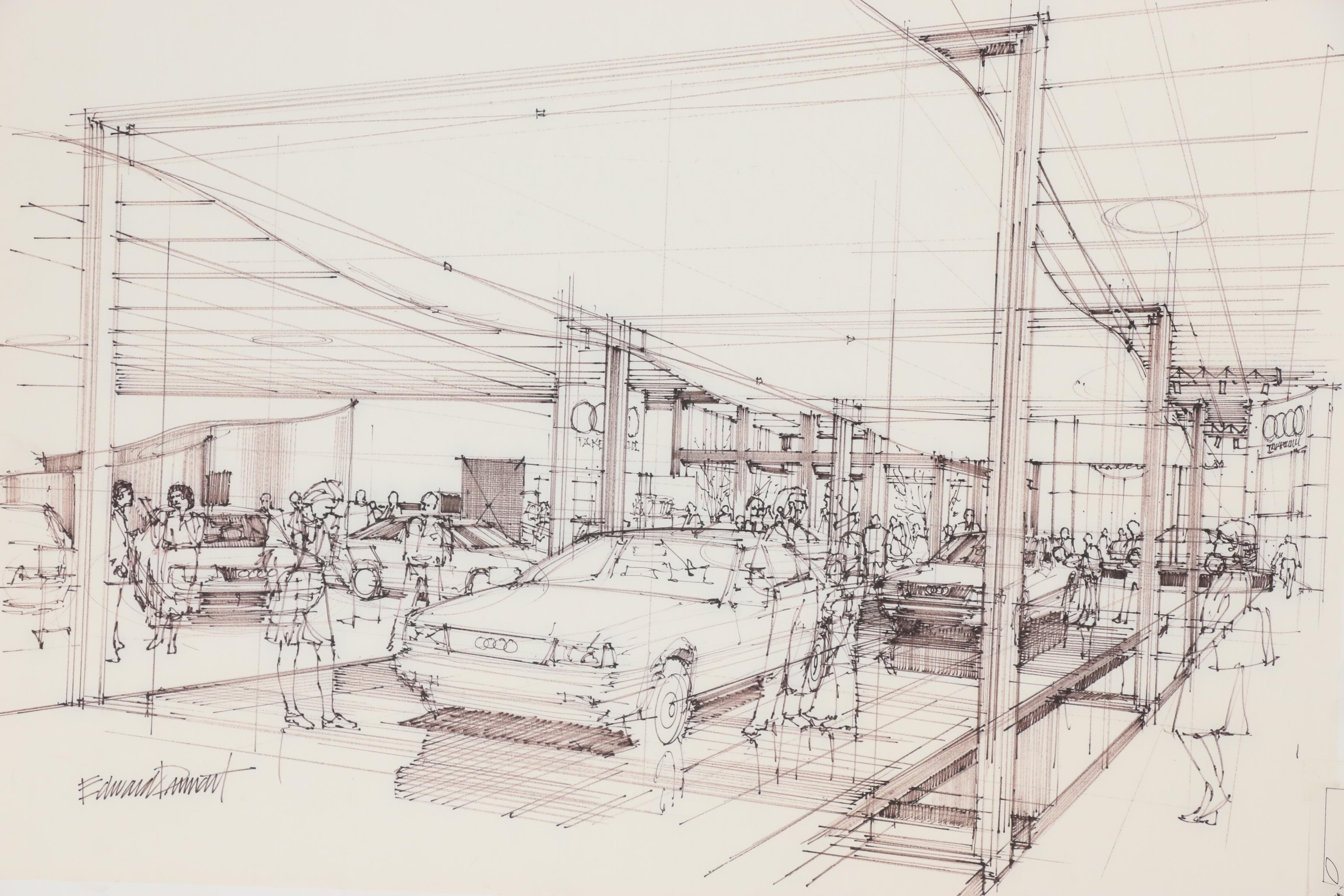 Edward Dumont Ink Drawing of an Audi Dealership