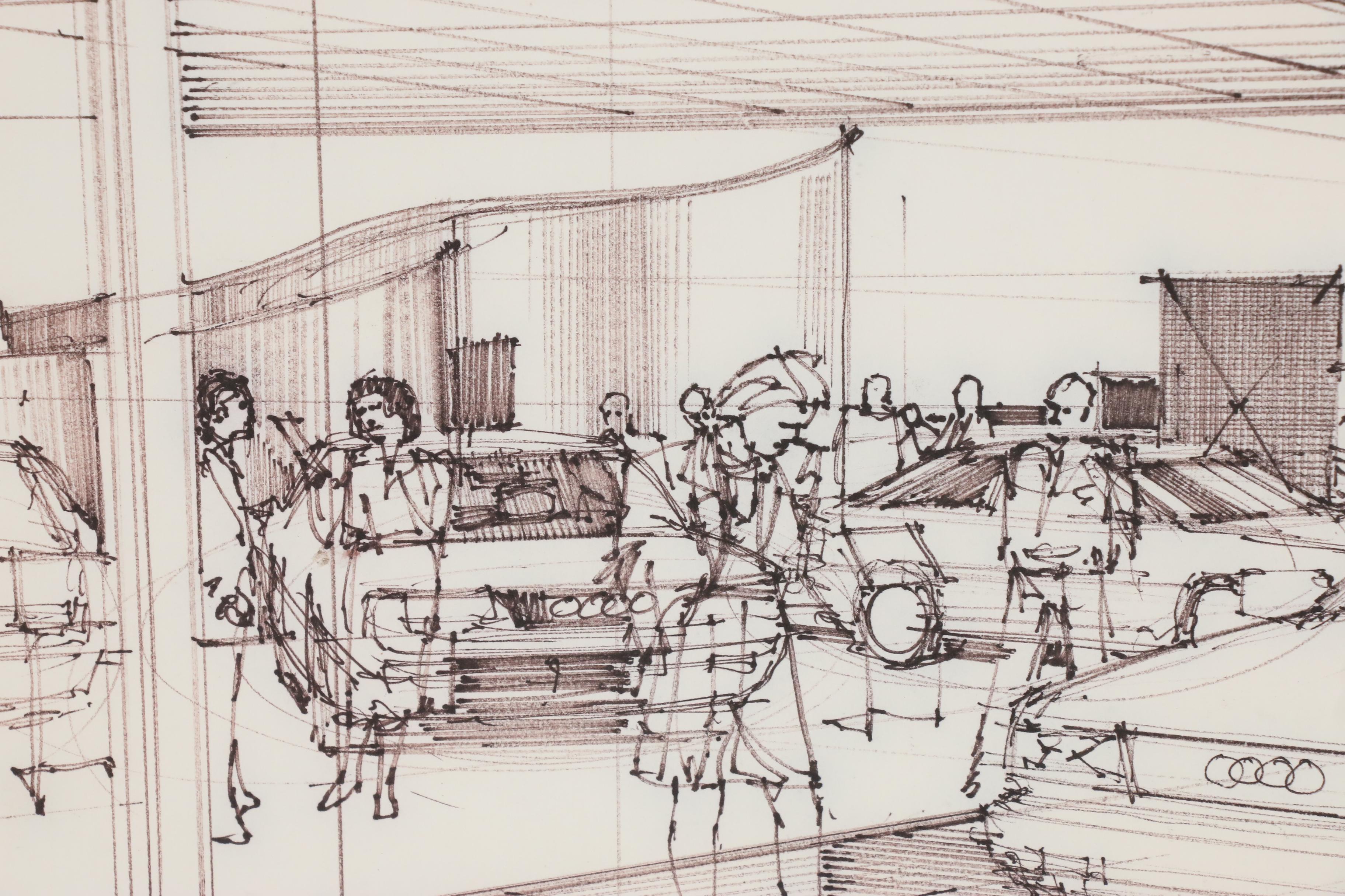 Edward Dumont Ink Drawing of an Audi Dealership