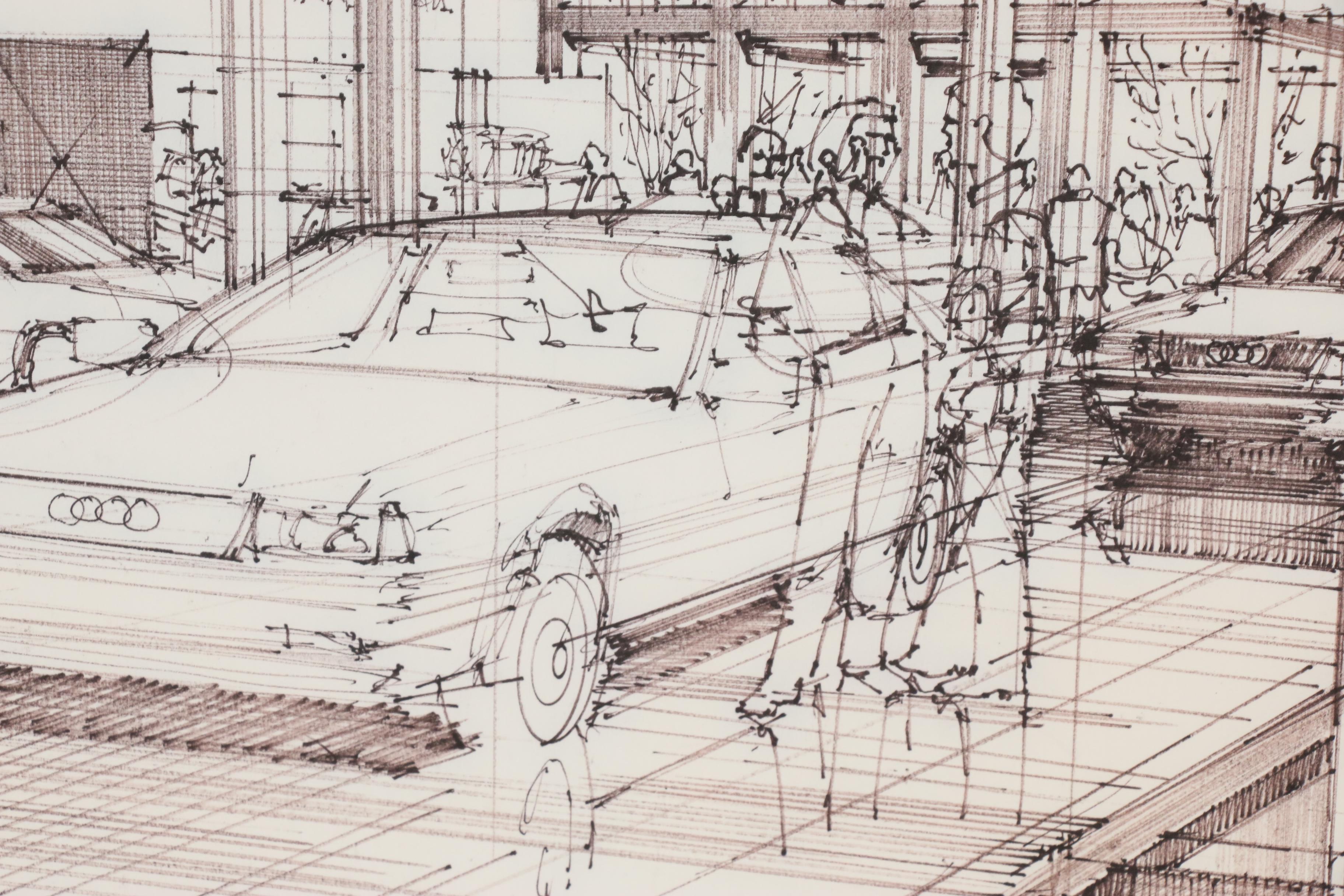 Edward Dumont Ink Drawing of an Audi Dealership