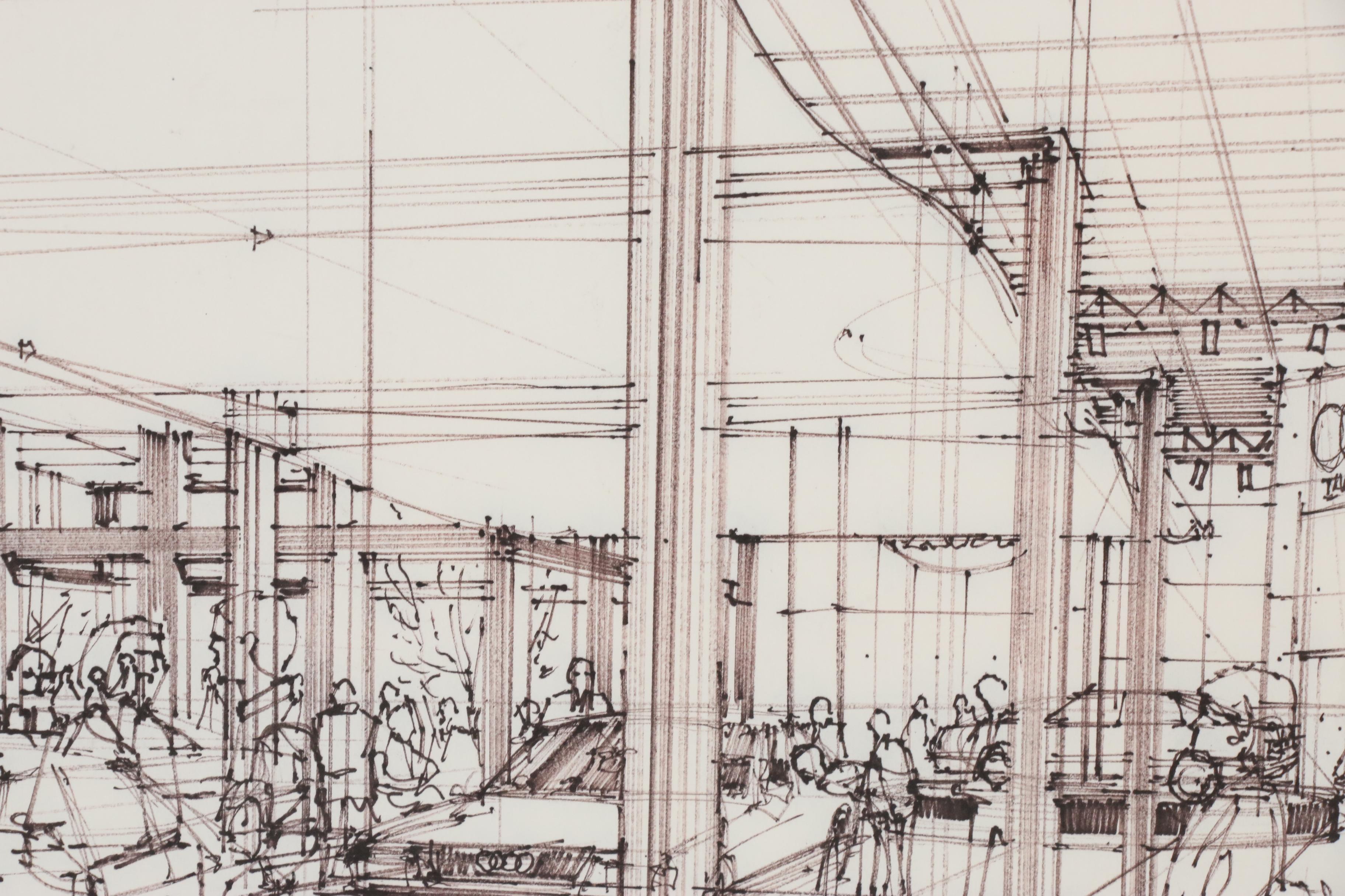 Edward Dumont Ink Drawing of an Audi Dealership