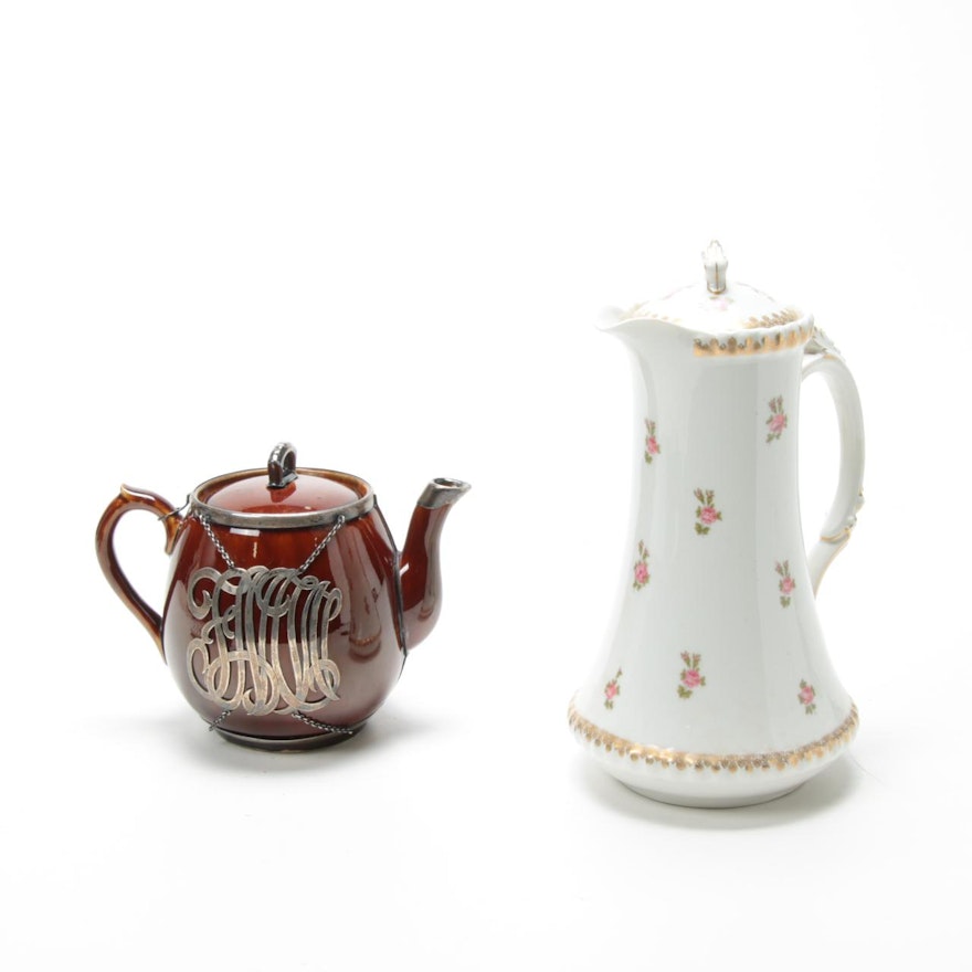 Tressemanes & Vogt Pitcher and Brown Betty Teapot with Sterling Overlay