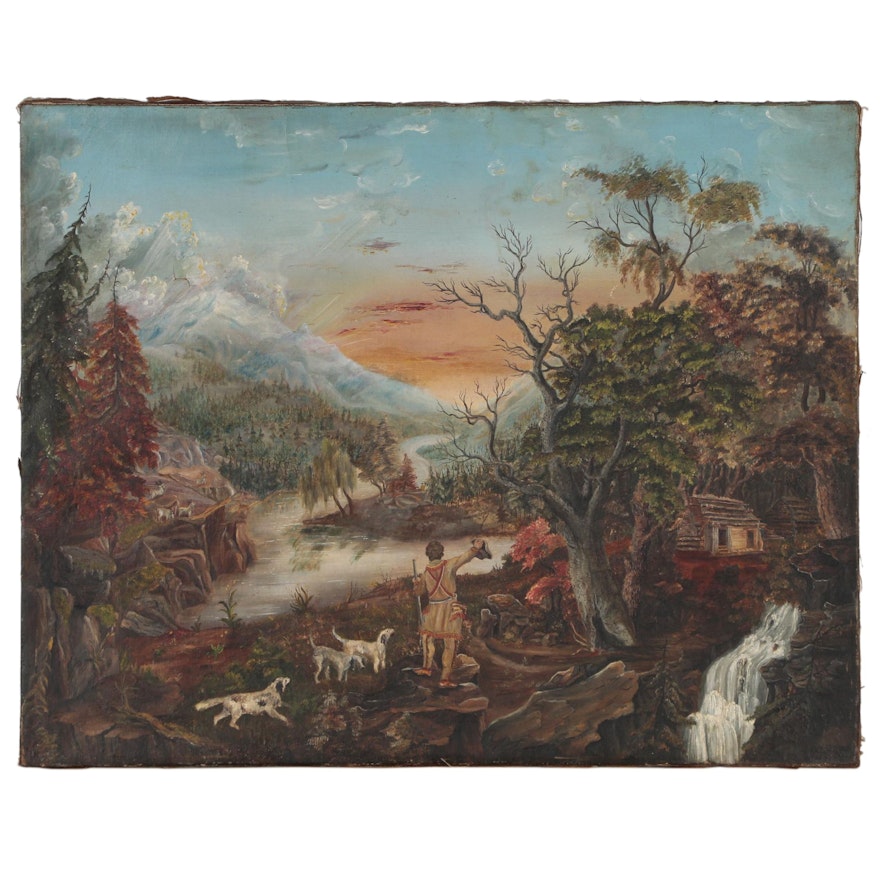 Oil Painting of an American Frontier Scene, Mid 19th Century