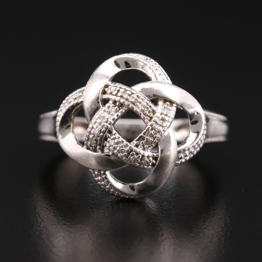 Sterling Silver Diamond Ring Featuring Knotted Design