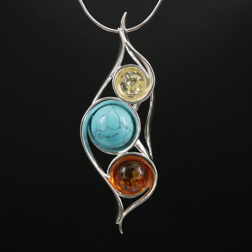 Sterling Silver Howlite and Amber Pendant on Snake Chain Necklace