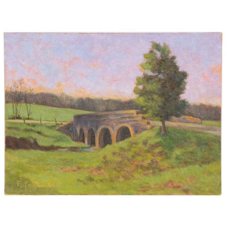 Emily Featherstone Rural Landscape with Bridge Acrylic Painting