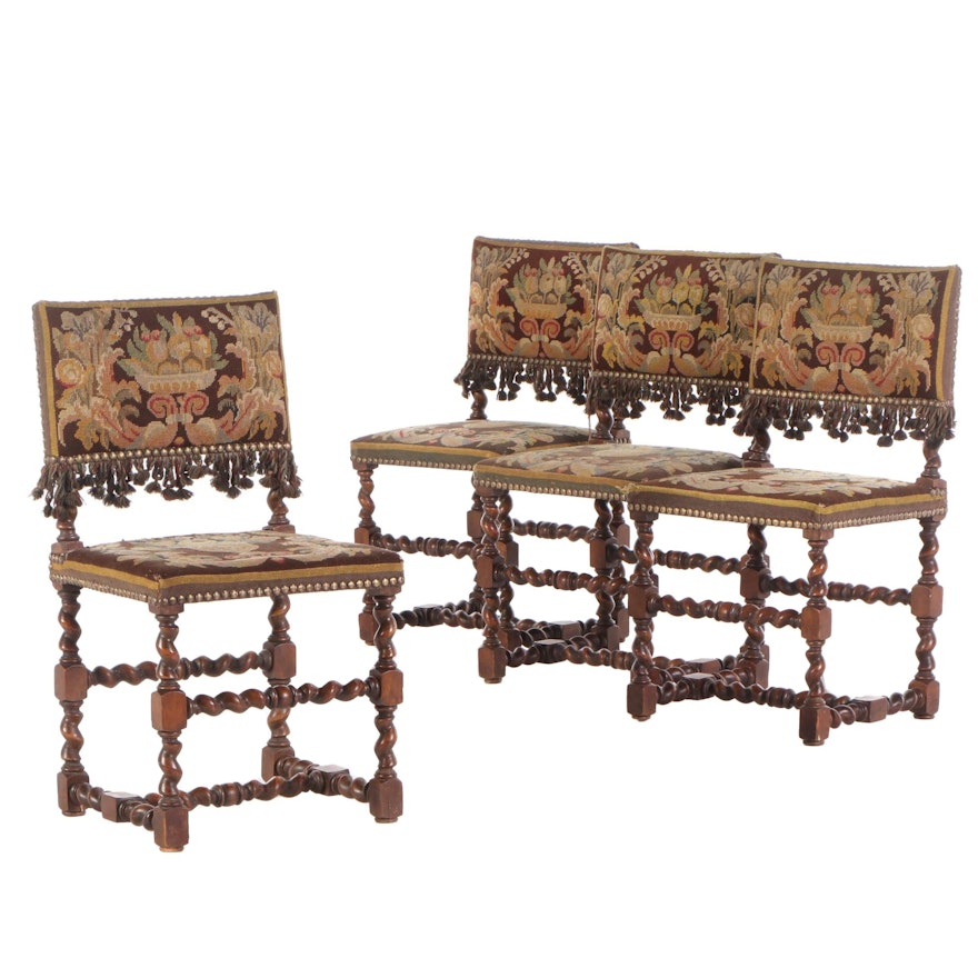 Four Jacobean Style Needlework-Upholstered Barley-Twist Side Chairs