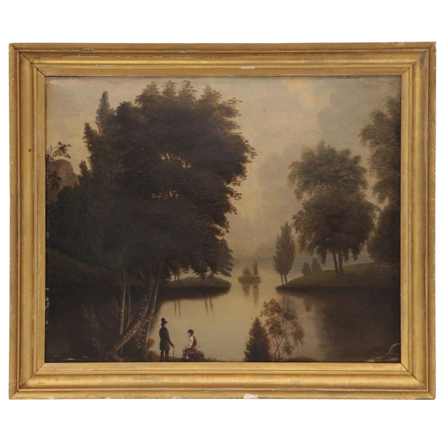 Hudson River School Landscape Oil Painting of River Scene with Figures