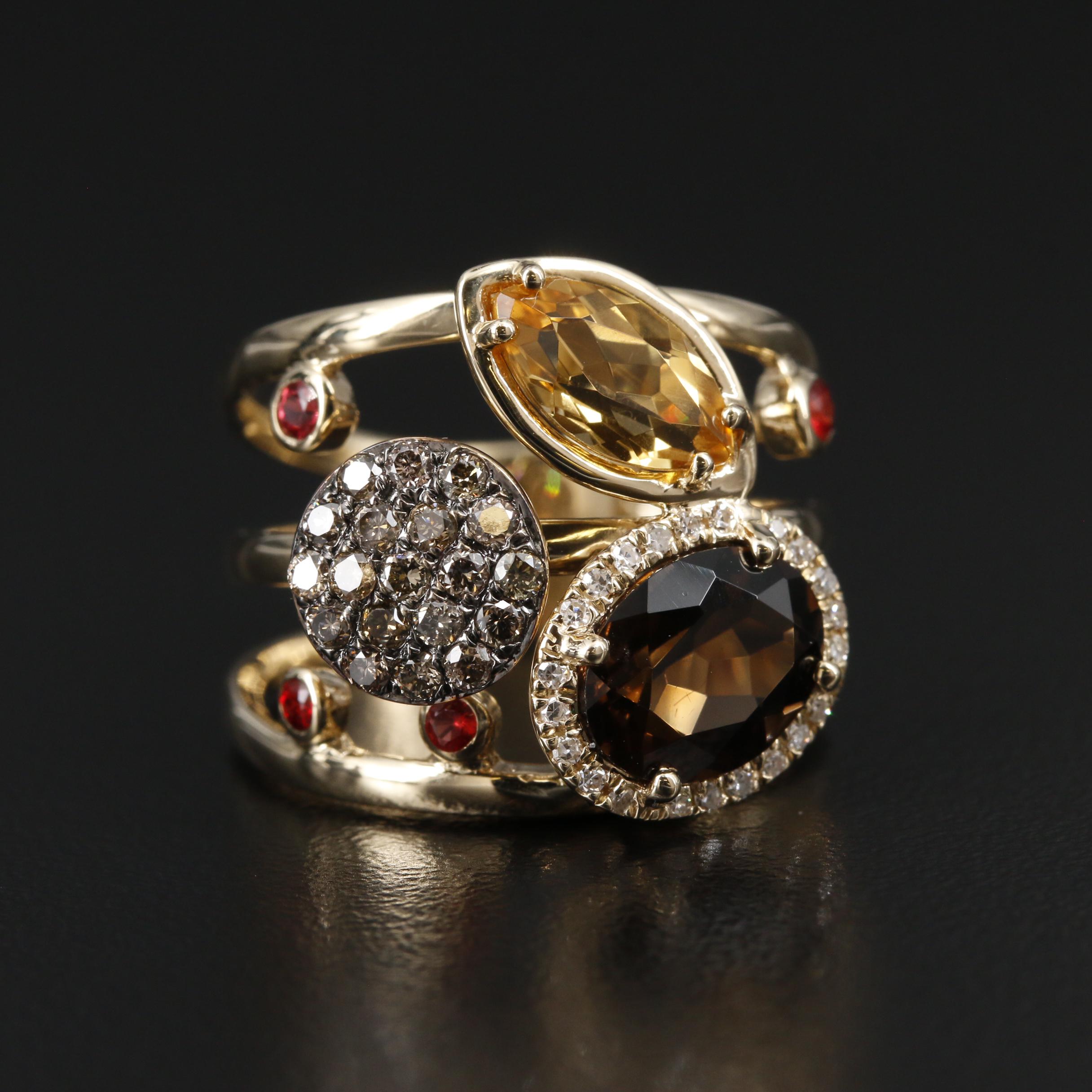 EFFY 14K Yellow Gold Diamond, Citrine and Smoky Quartz Ring