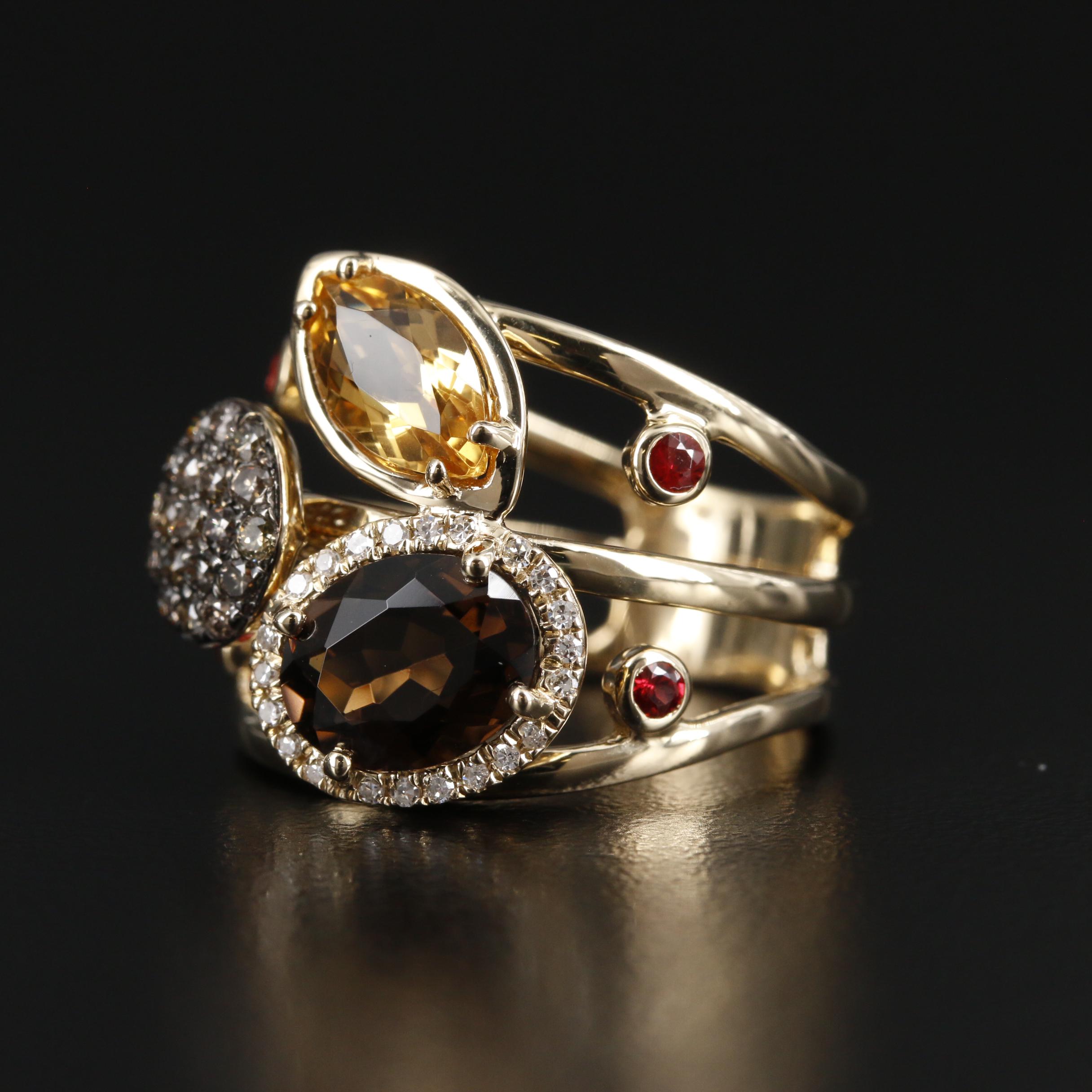 EFFY 14K Yellow Gold Diamond, Citrine and Smoky Quartz Ring