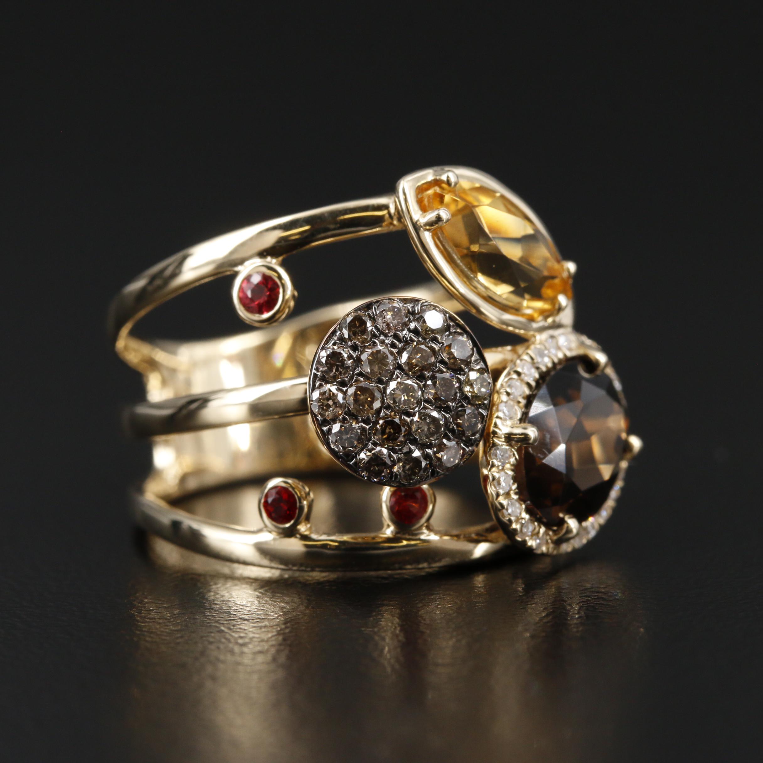 EFFY 14K Yellow Gold Diamond, Citrine and Smoky Quartz Ring