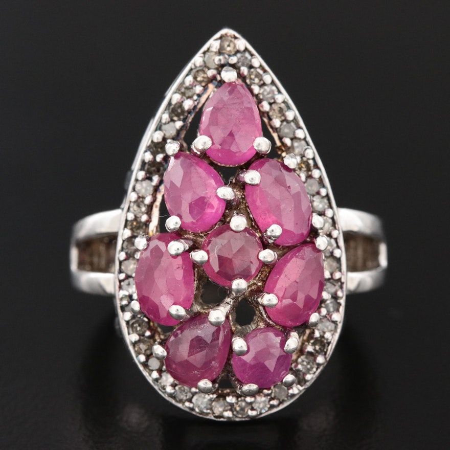 Sterling Silver Ruby and Diamond Cluster Ring