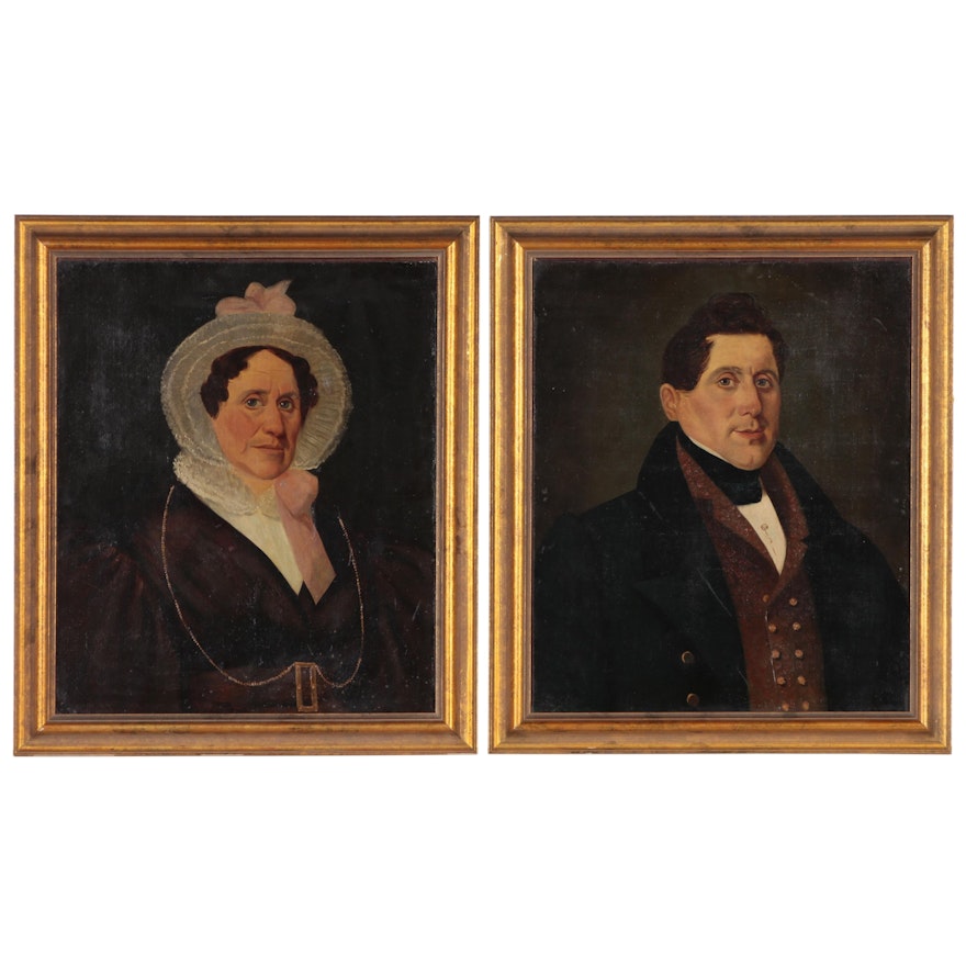 American School Portrait Oil Paintings of a Man and Woman, Early 19th Century