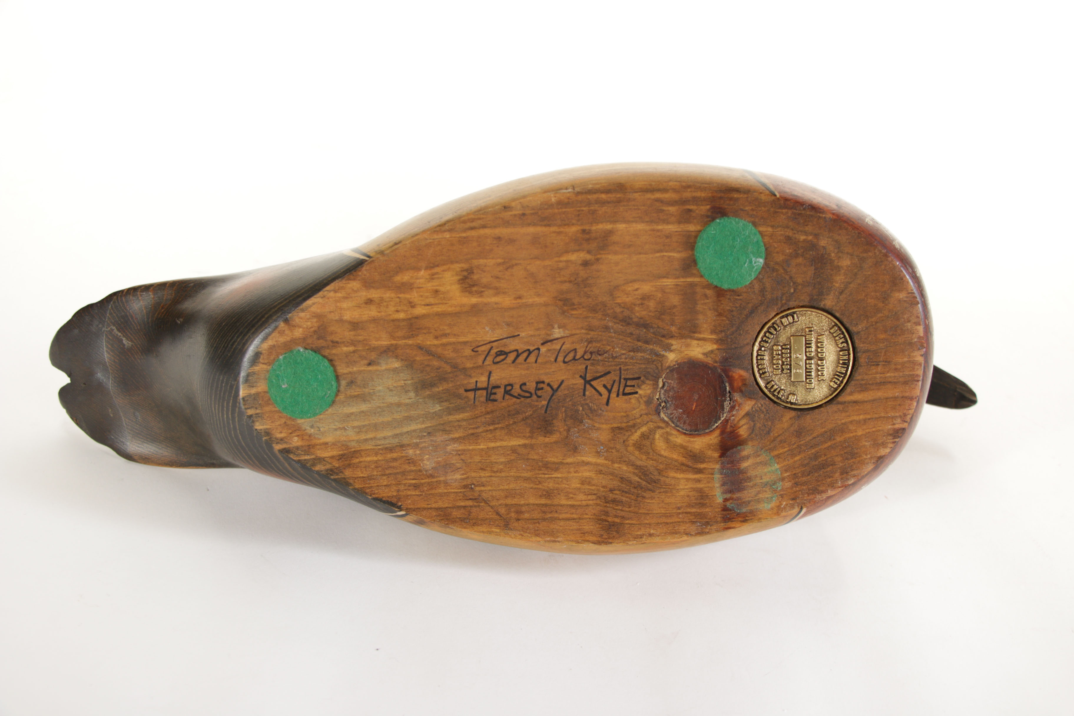 Ducks Unlimited Carved Wooden Duck Decoy by Tom Taber, 1980s