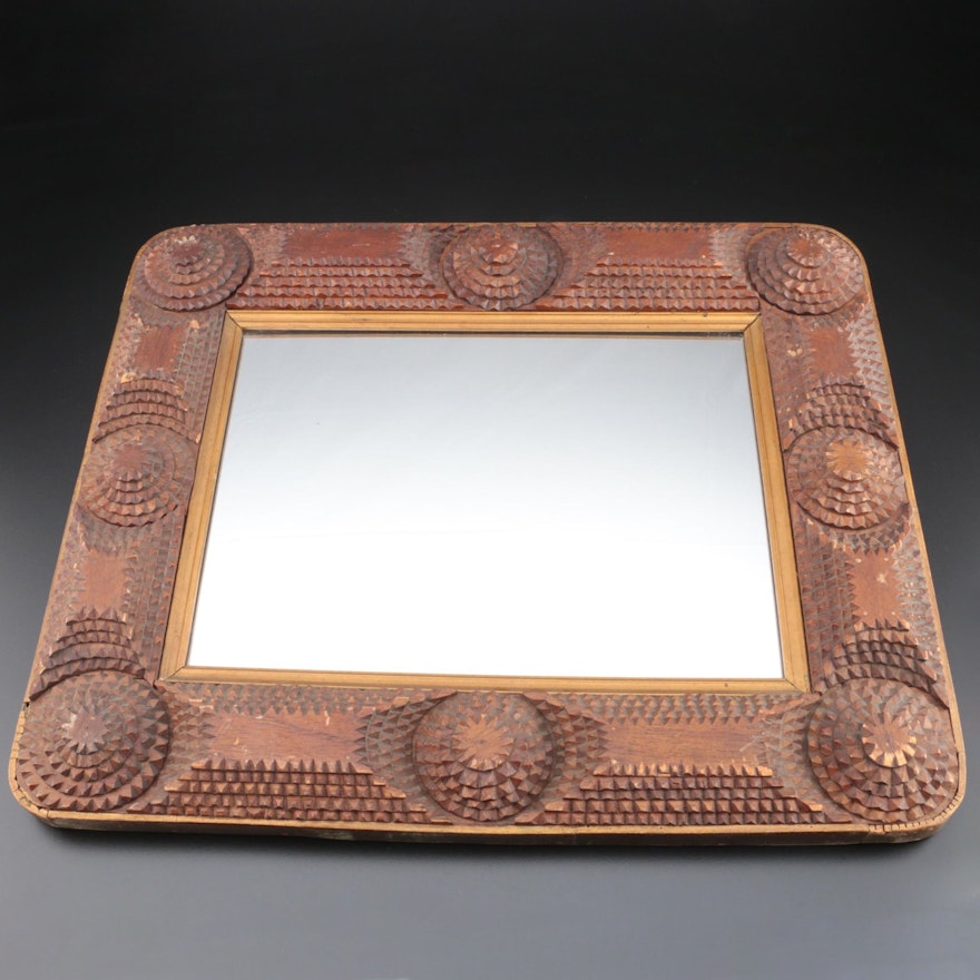 Hand-Notched Tramp Art Wood Frame Mirror, Early to Mid 20th Century