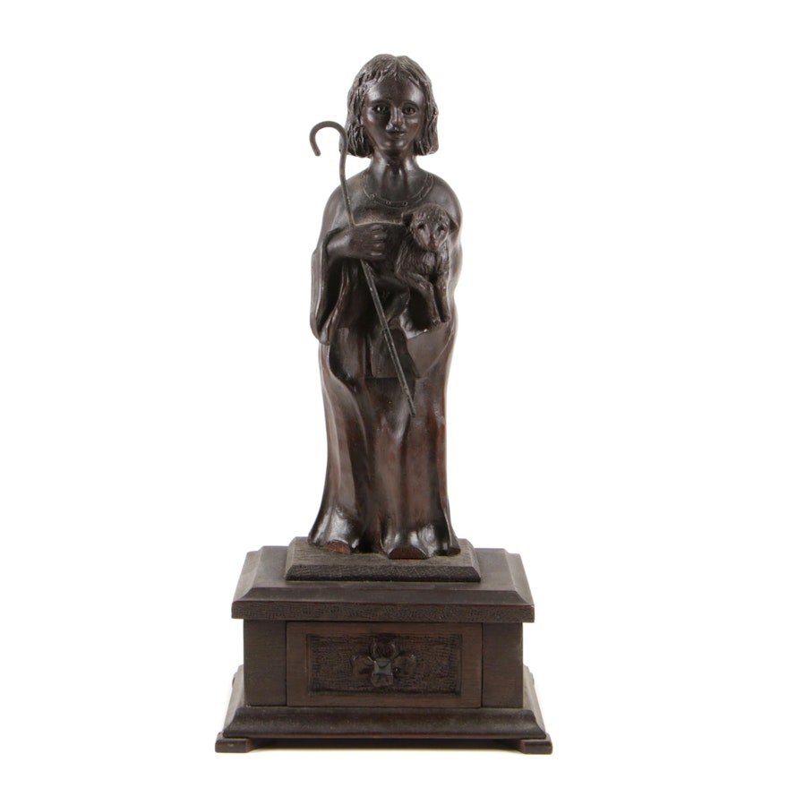 Walnut Figural Carving / John the Baptist on Box, Early 20th Century