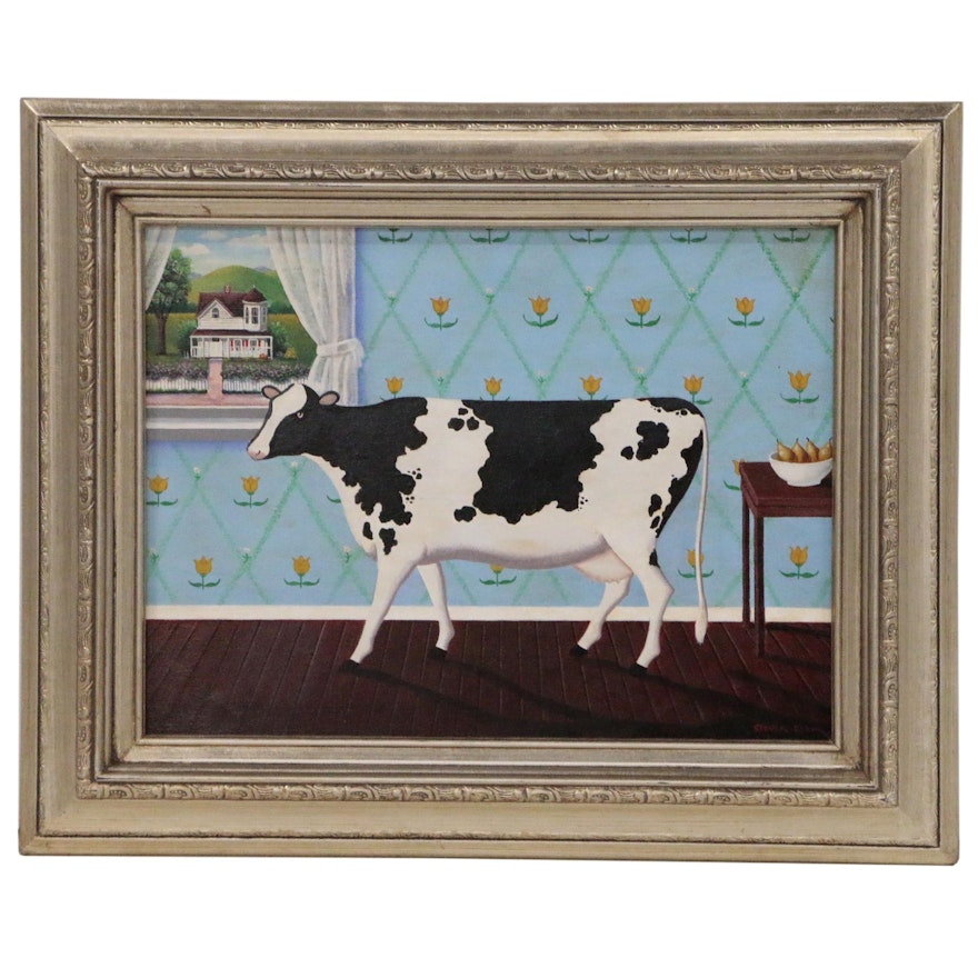 Steven Klein Folk Art Oil Painting of Cow in Interior