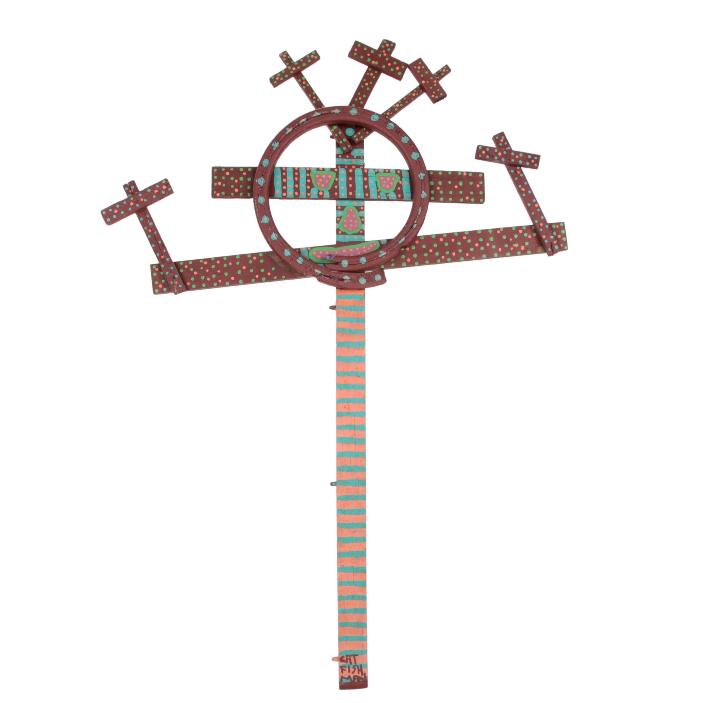 Catfish Man Monumental Hand Painted Folk Art Wood Assemblage Cross