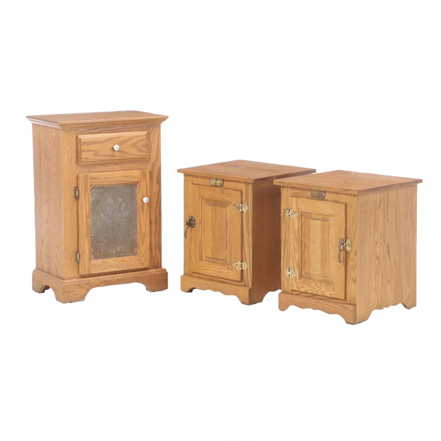 Oak Cabinet and Pair of White Clad End Tables, circa 1970