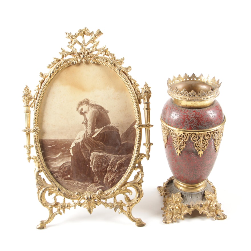 Brass Mounted Metal Vase and Reproduction Print after von Bremen