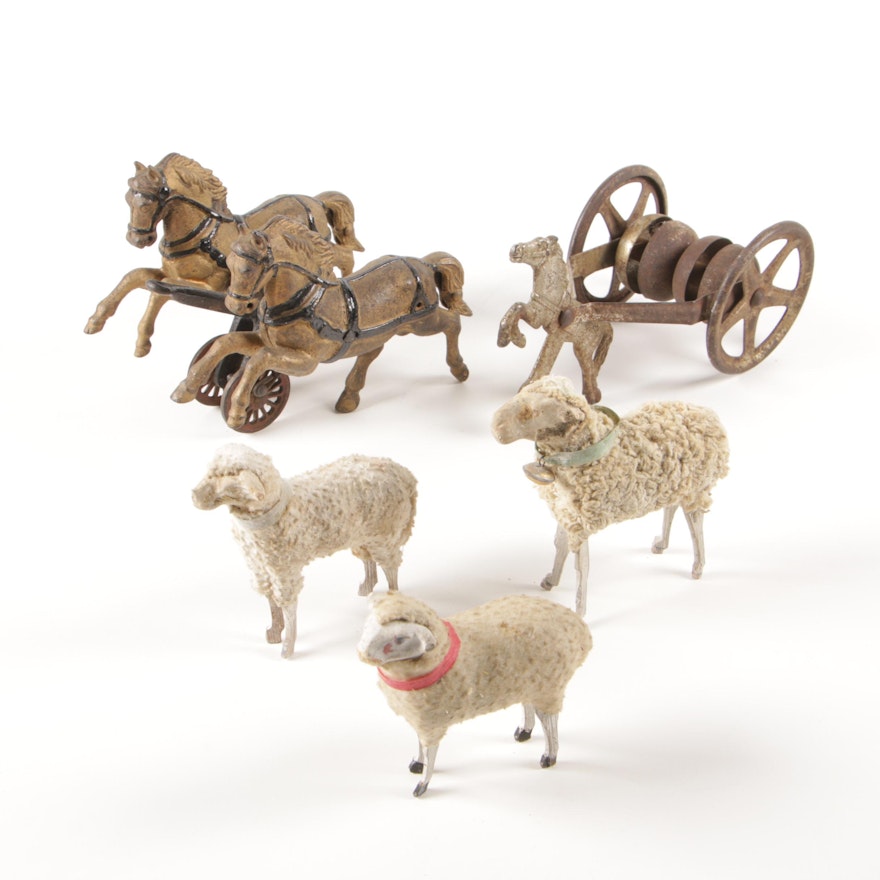 Cast Iron Toy Working Horses with Sheep Figurines, Late 19th-Early 20th Century