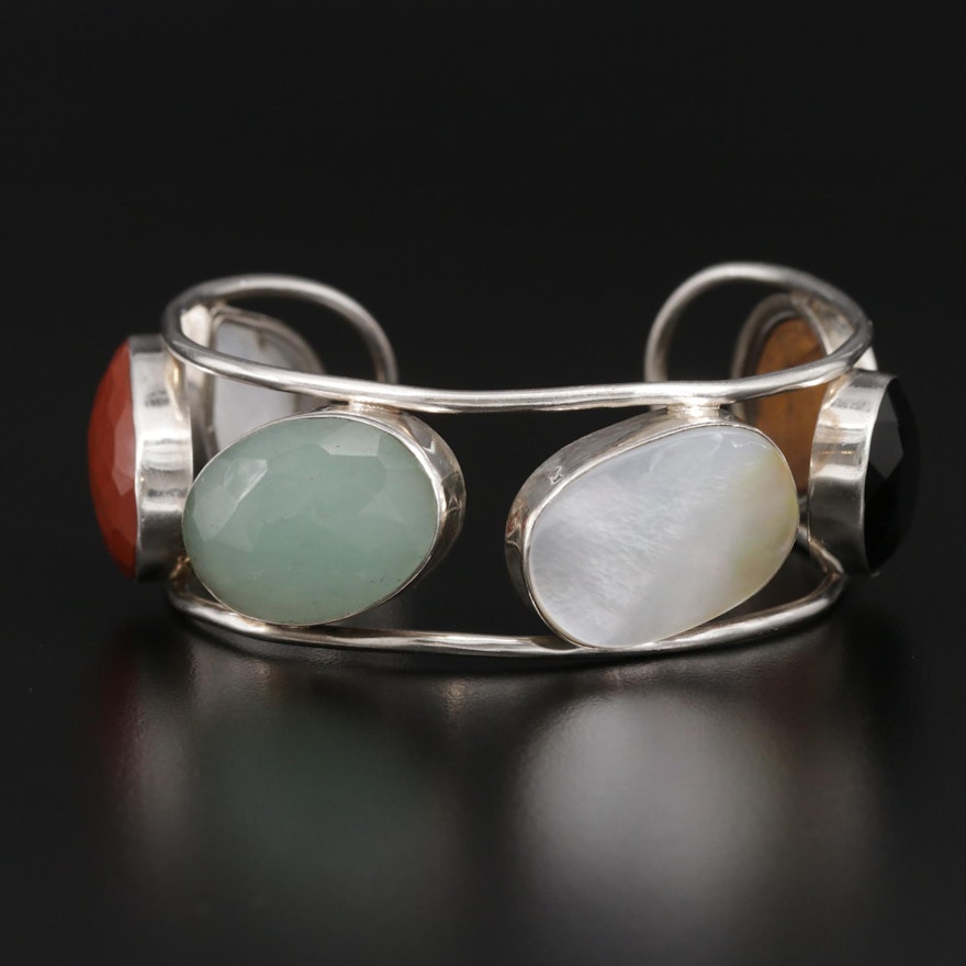 Sterling Silver Gemstone Cuff with Rainbow Moonstone and Mother of Pearl