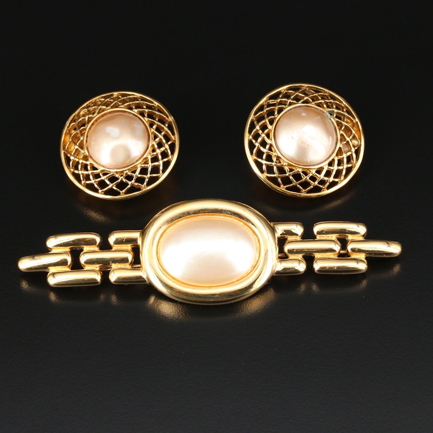 Vintage Chanel Imitation Pearl Earrings and Givenchy Brooch